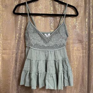 Amber Sky Sage Green Boho Western Beaded Tiered Tank Top Small NWT